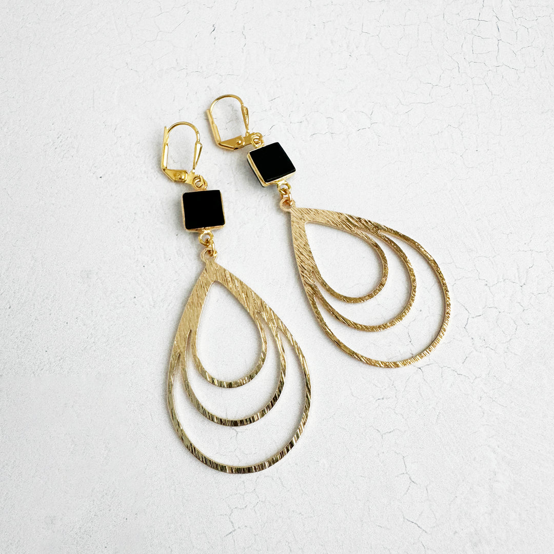 Black Onyx Triple Teardrop Earrings in Brushed Gold