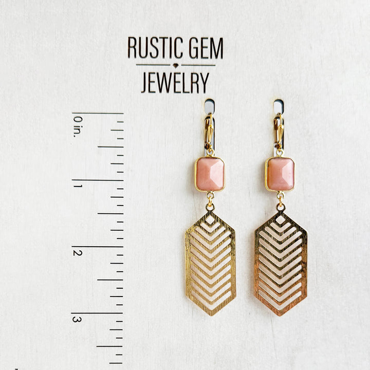 Pink Opal Chevron Dangle Earrings in Brushed Gold