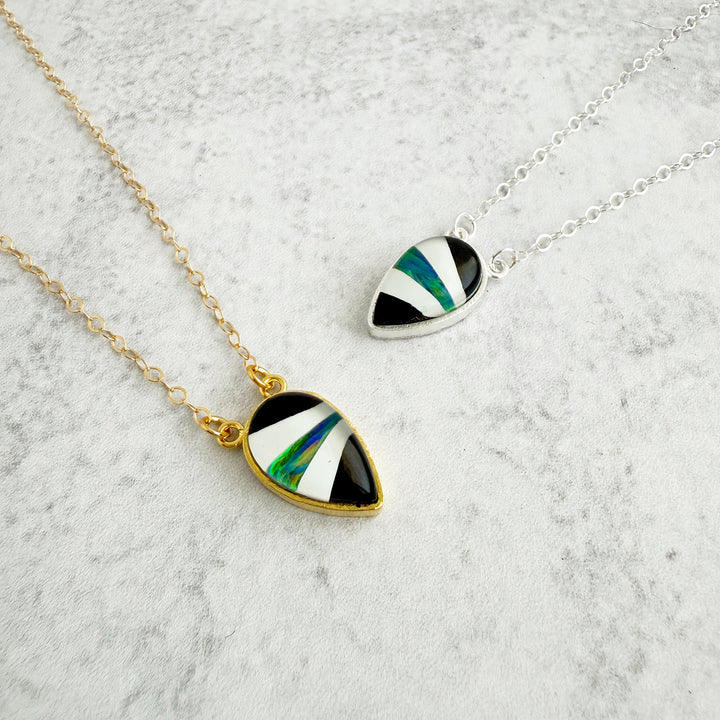 Black Quartz and Opal Inverted Teardrop Bezel Necklace