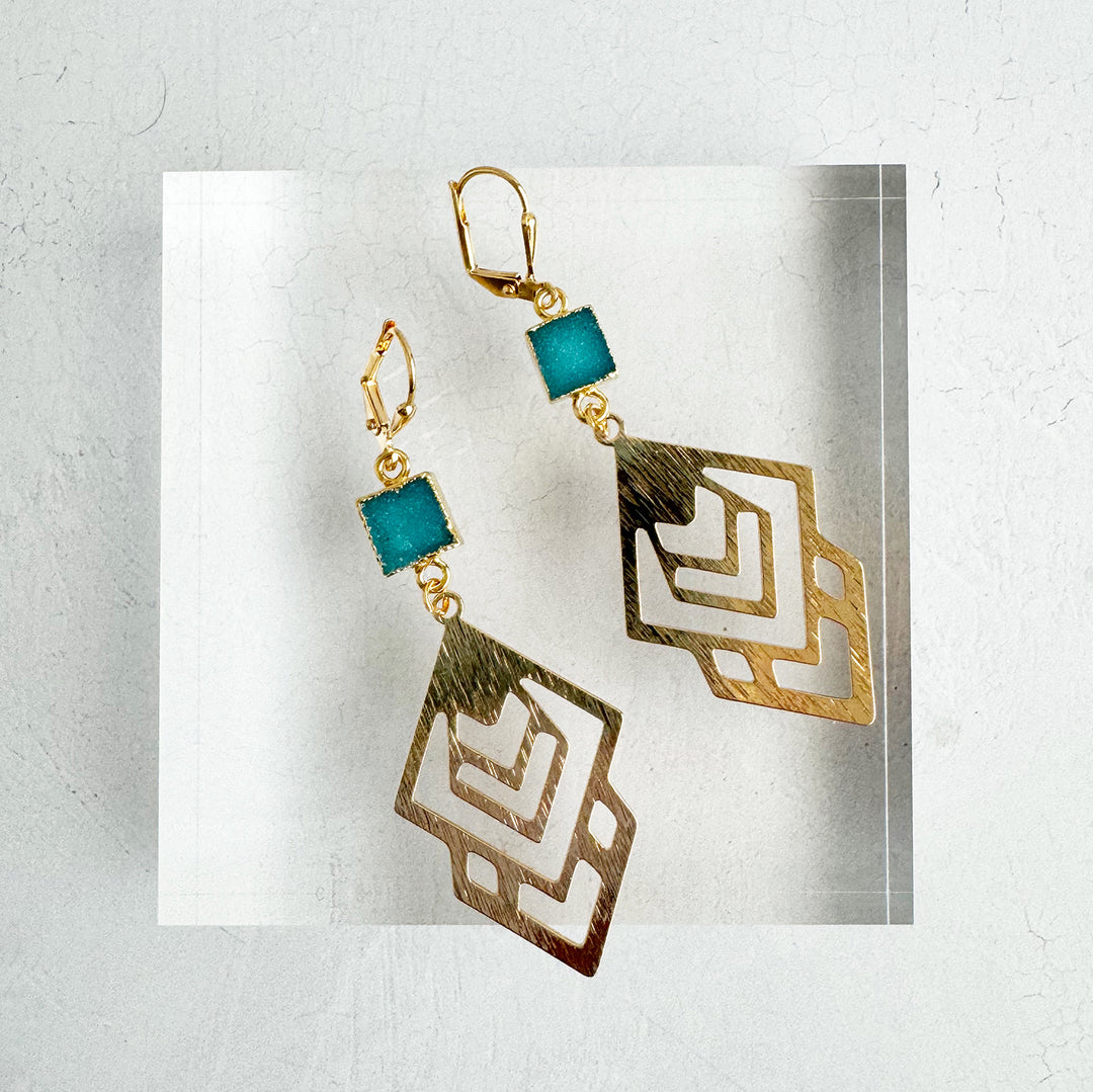 Teal Druzy Celtic Earrings in Brushed Gold