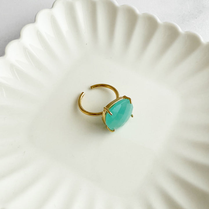 Large Aqua Chalcedony Gemstone Ring Prong Setting in Gold