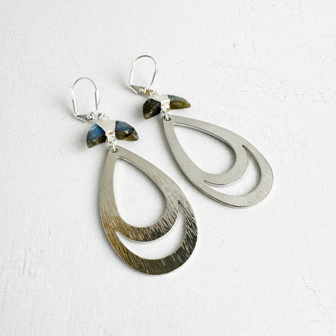 Labradorite Double Teardrop Earrings in Brushed Silver