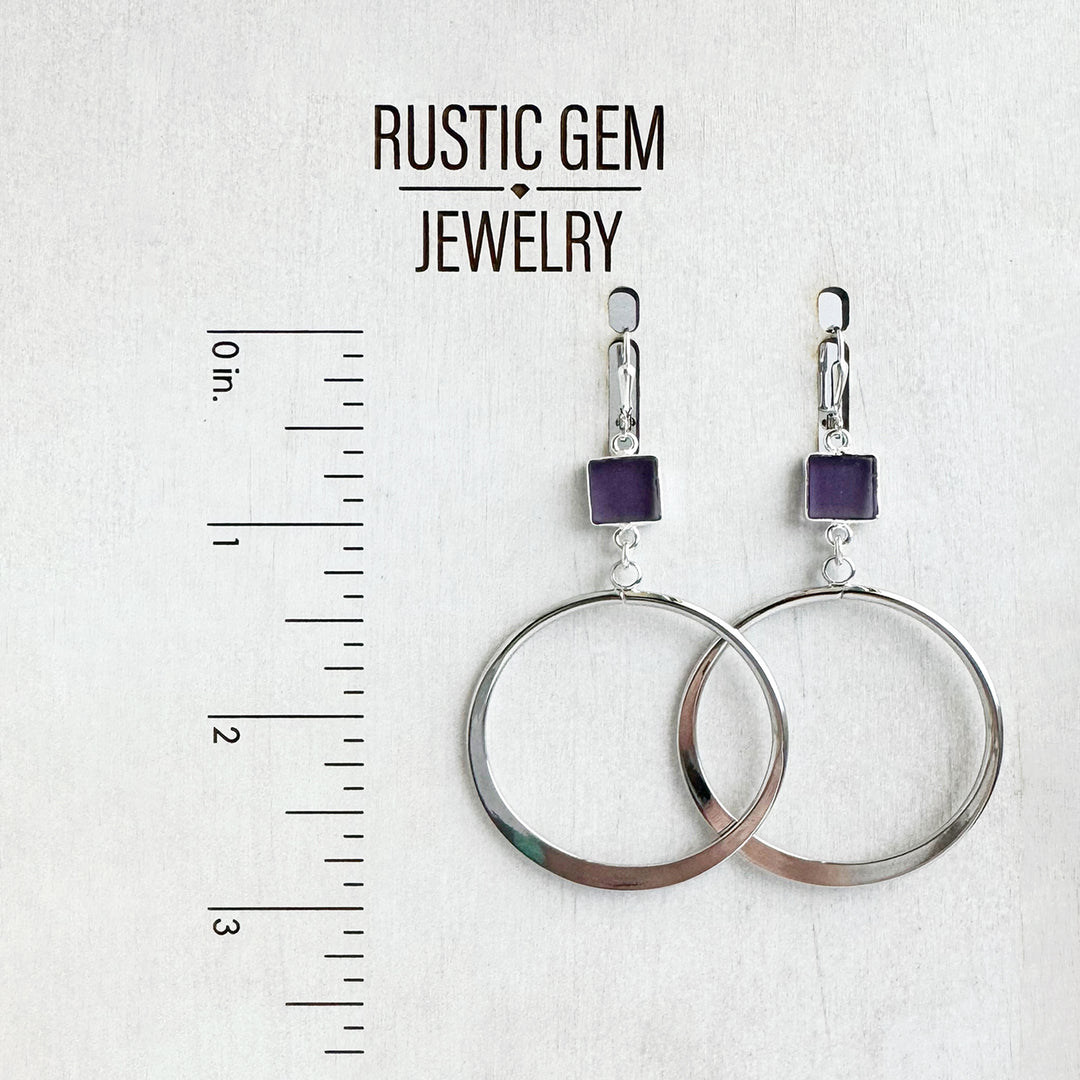 Large Amethyst Hoop Earrings in Silver