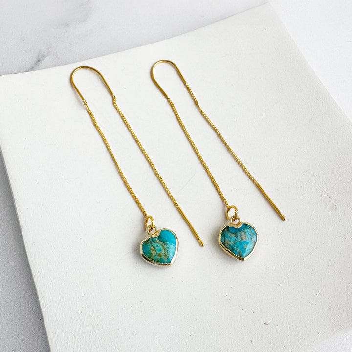 Turquoise Heart Drop Threader Earrings in Gold