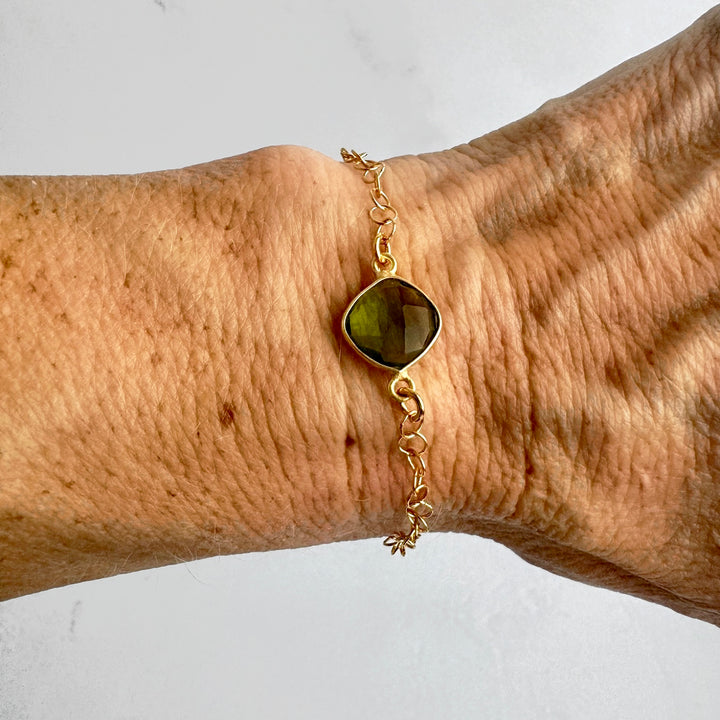 Olive Green Quartz Adjustable Chain Bracelet in 14k Gold Filled