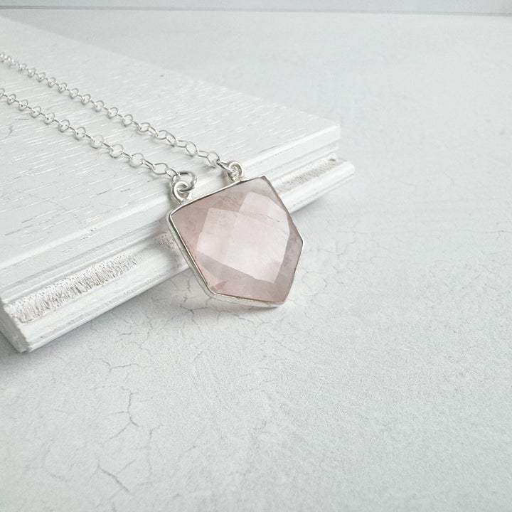 Rose Quartz Shield Necklace in Silver