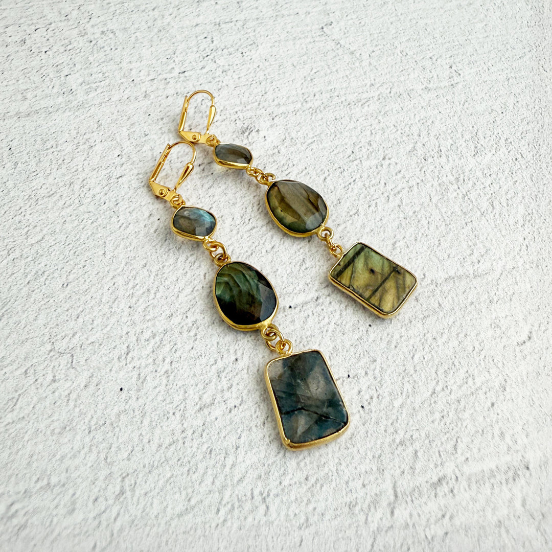 Long Freeform Labradorite Gemstone Drop Earrings in Gold
