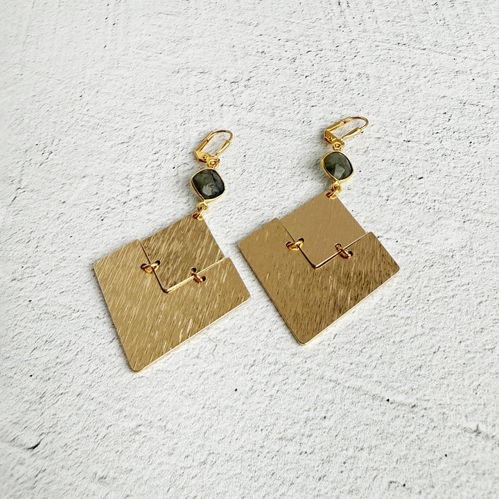 Labradorite Diamond Pendant Statement Earrings in Brushed Gold