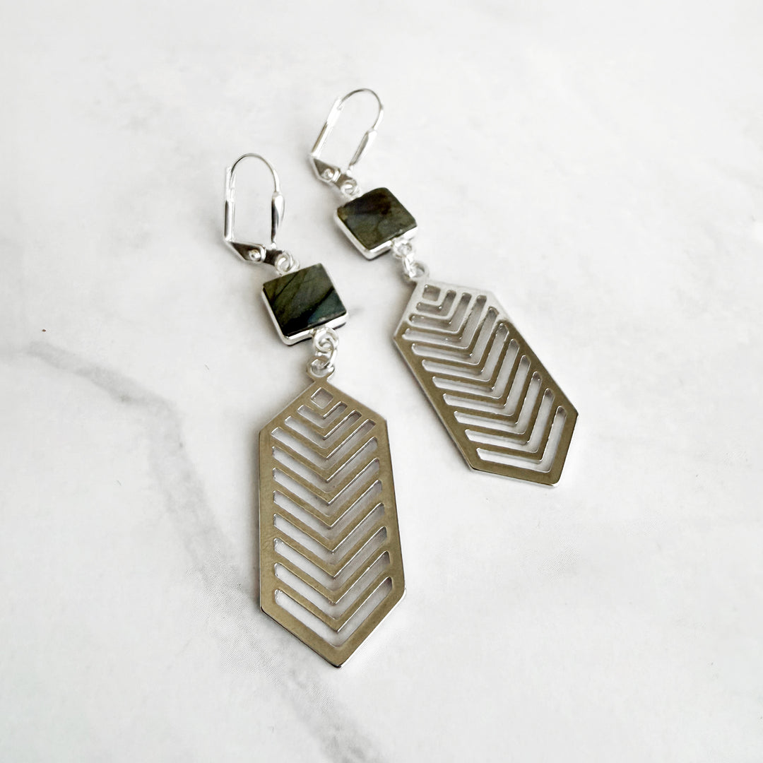 Labradorite Chevron Dangle Earrings in Silver