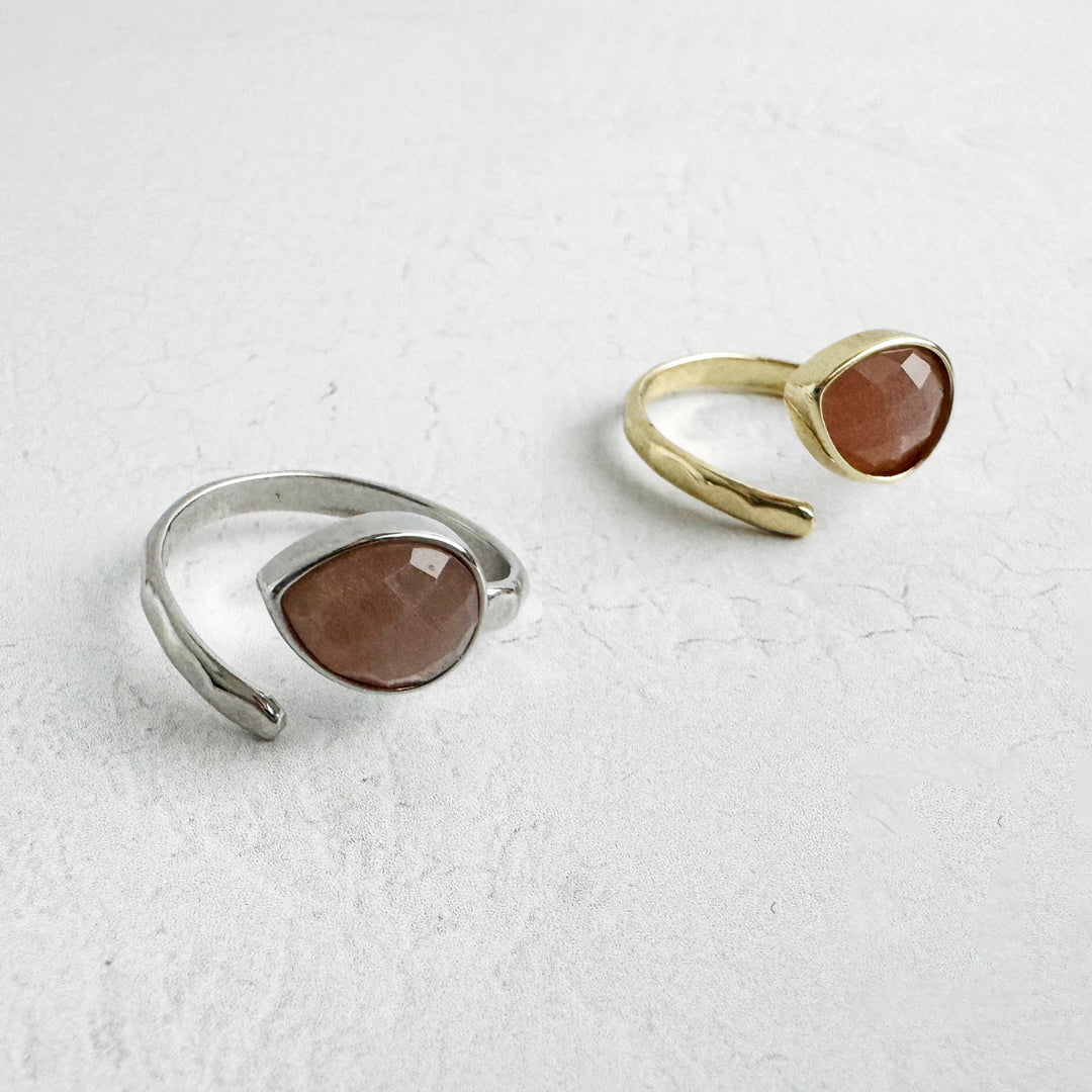 Sunstone Teardrop Wrap Ring in Gold and Silver