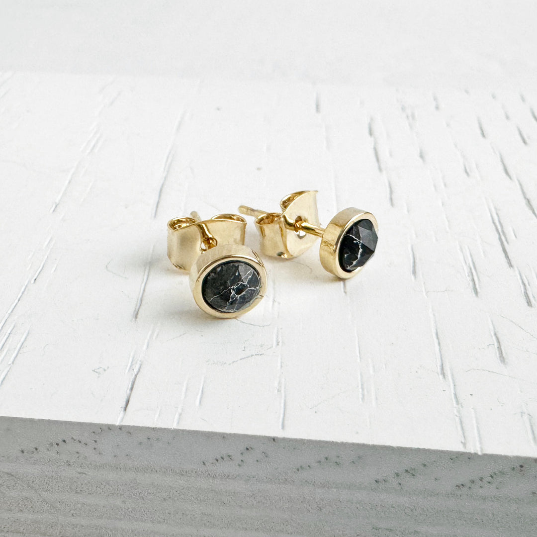 Black Howlite Dot Stud Earrings in Gold