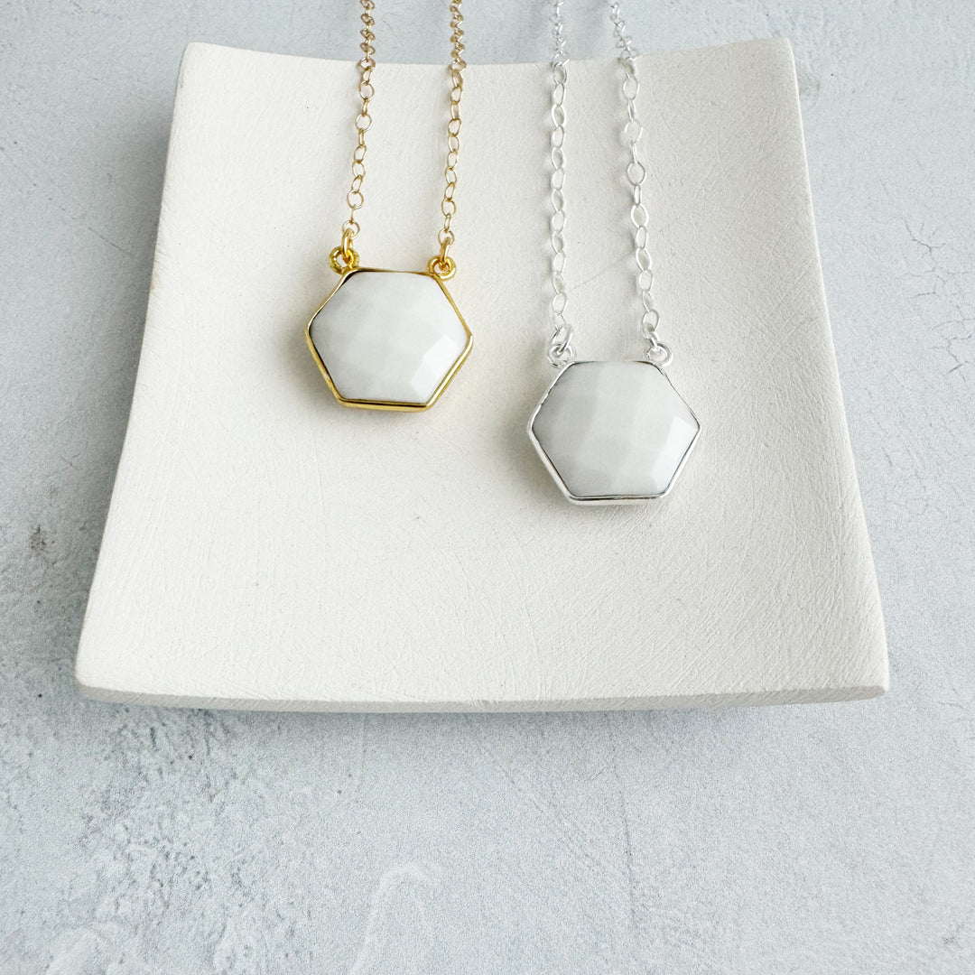 White Agate Hexagon Bezel Necklace in Gold and Silver