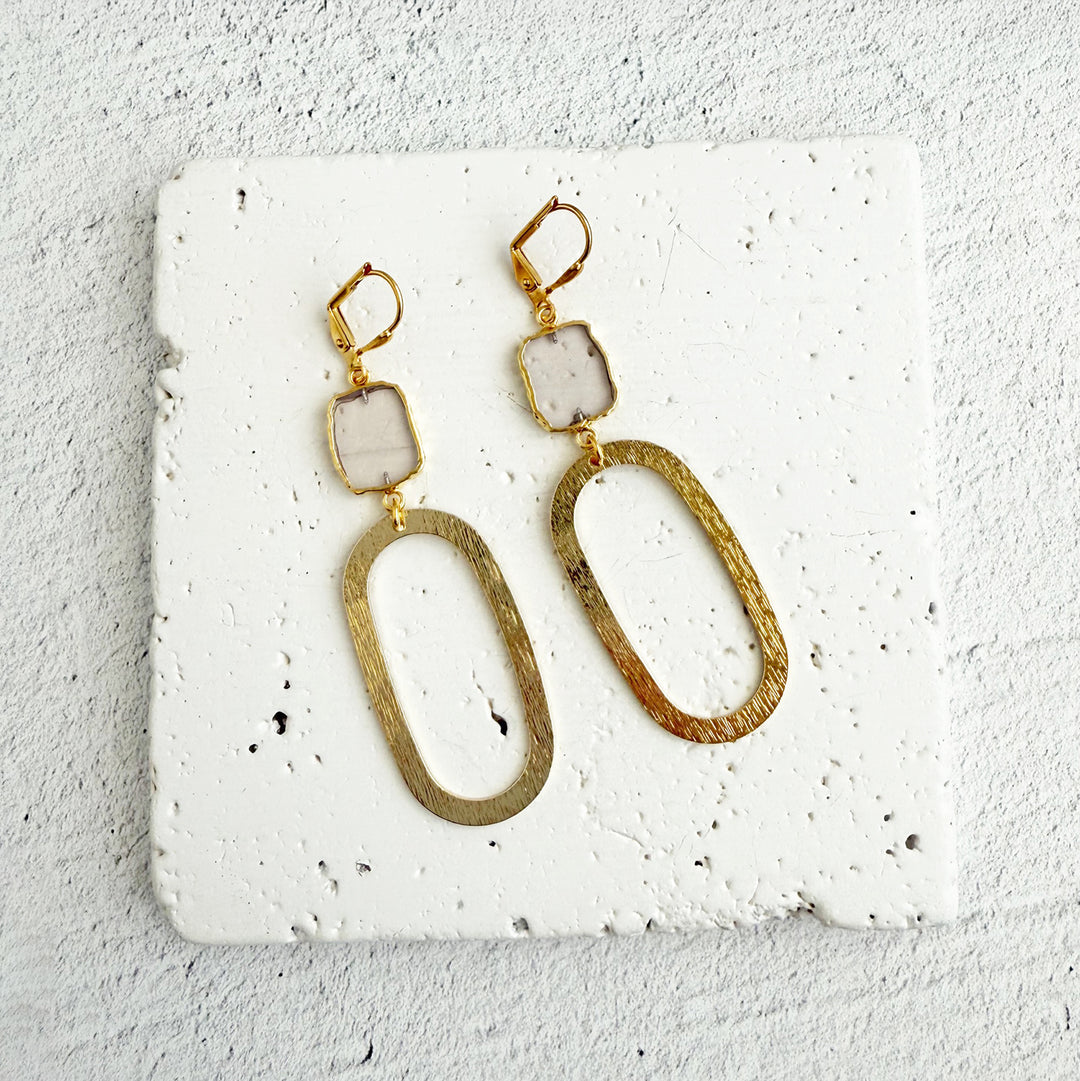 Pale Rose Quartz and Oval Earrings in Brushed Gold