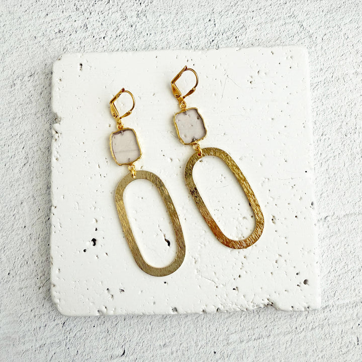 Pale Rose Quartz and Oval Earrings in Brushed Gold