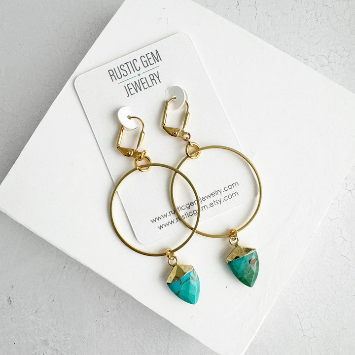 Turquoise Shield Hoop Earrings in Brushed Gold