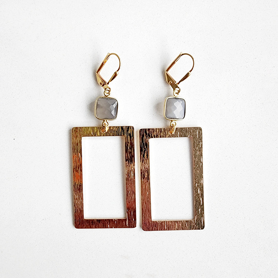 Smoky Quartz Rectangle Statement Earrings in Brushed Gold