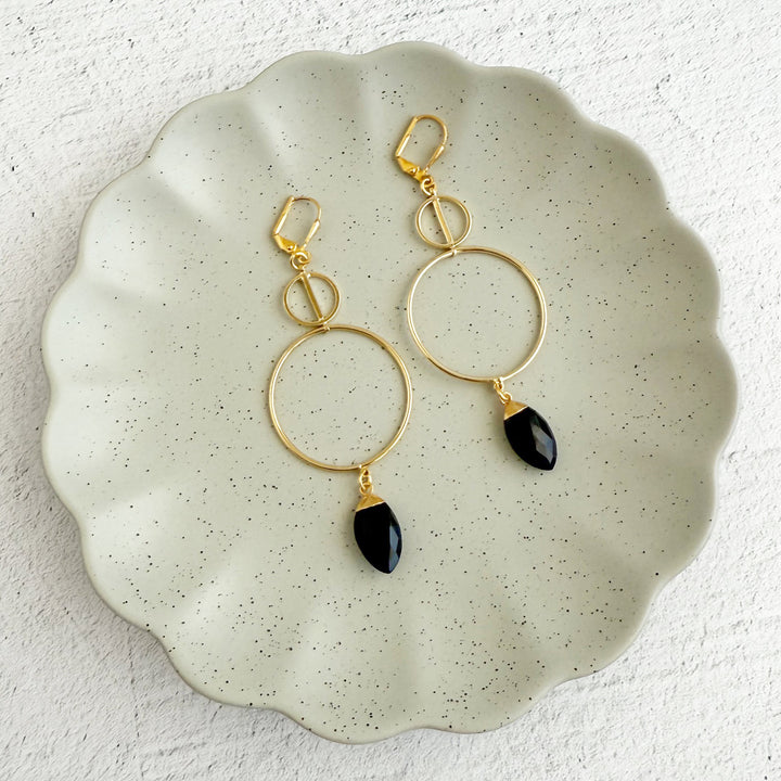 Black Stone Geometric Hoop Dangle Earrings in Gold