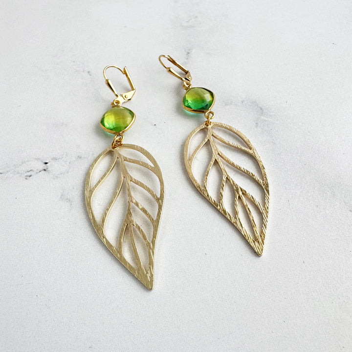 Green Aura Quartz Leaf Statement Earrings in Brushed Gold