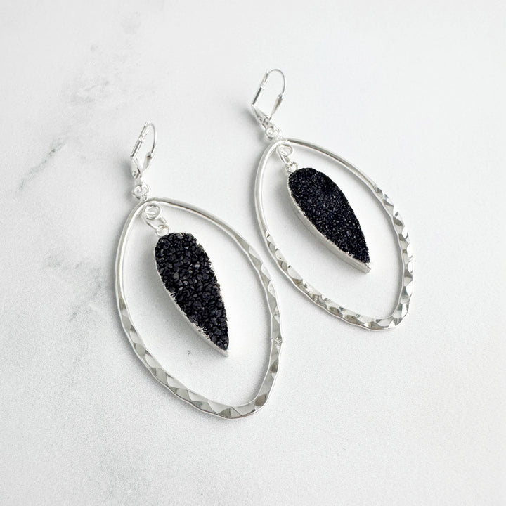 Black Druzy Hammered Marquise Dangle Earrings in Silver