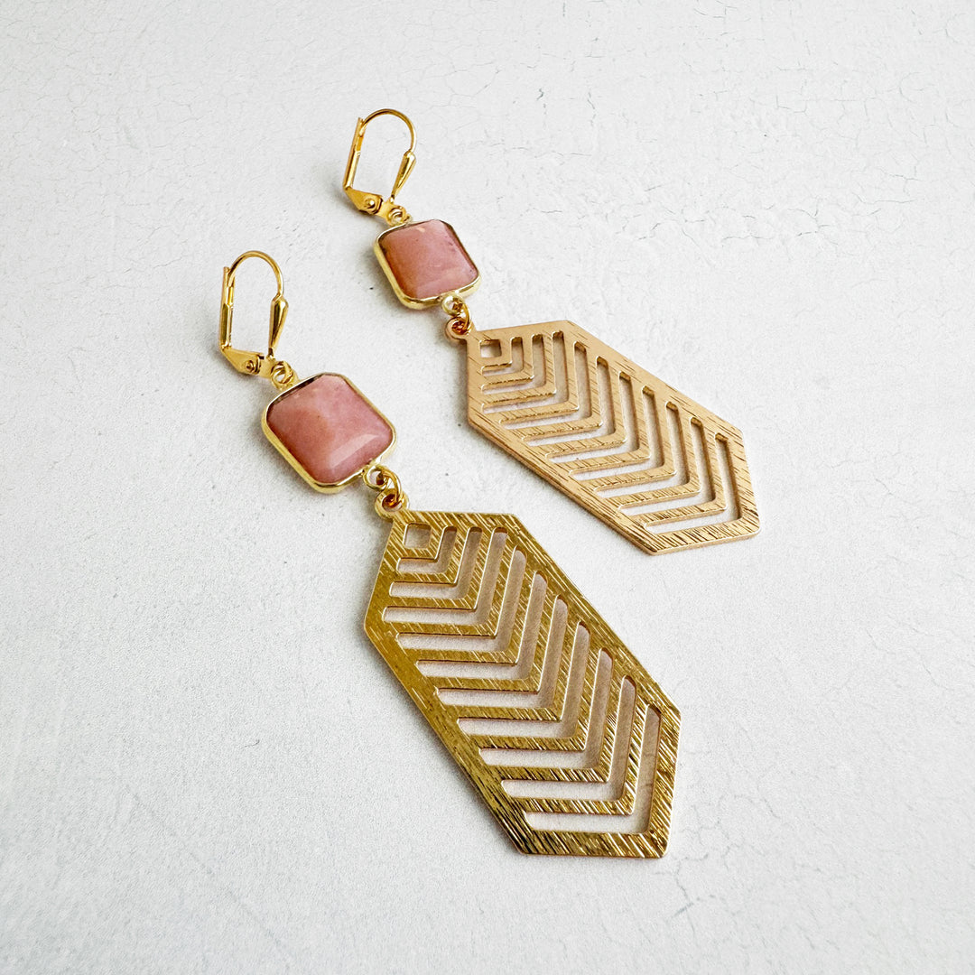 Pink Opal Chevron Dangle Earrings in Brushed Gold