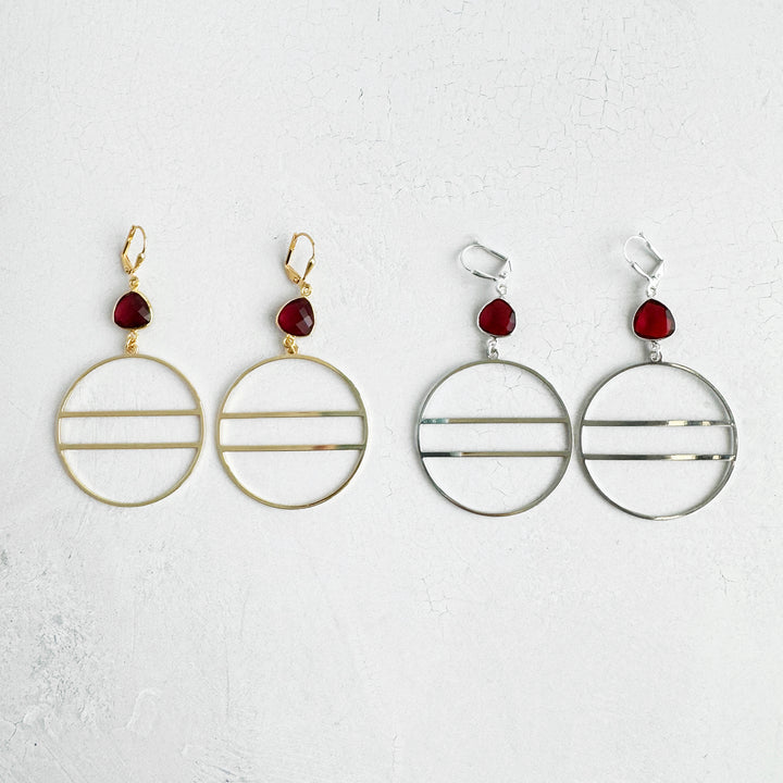 Garnet Geometric Hoops in Gold and Silver