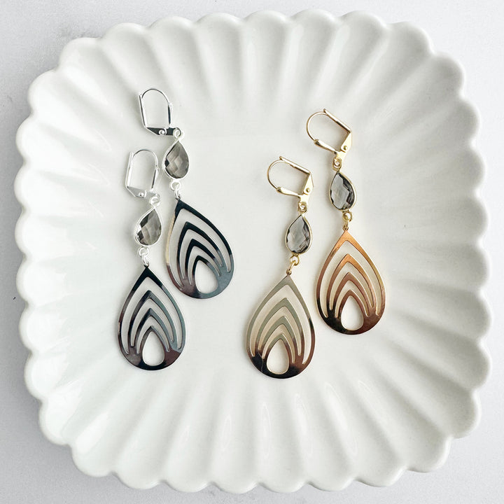 Lotus Teardrop Earrings with Smoky Quartz Stones