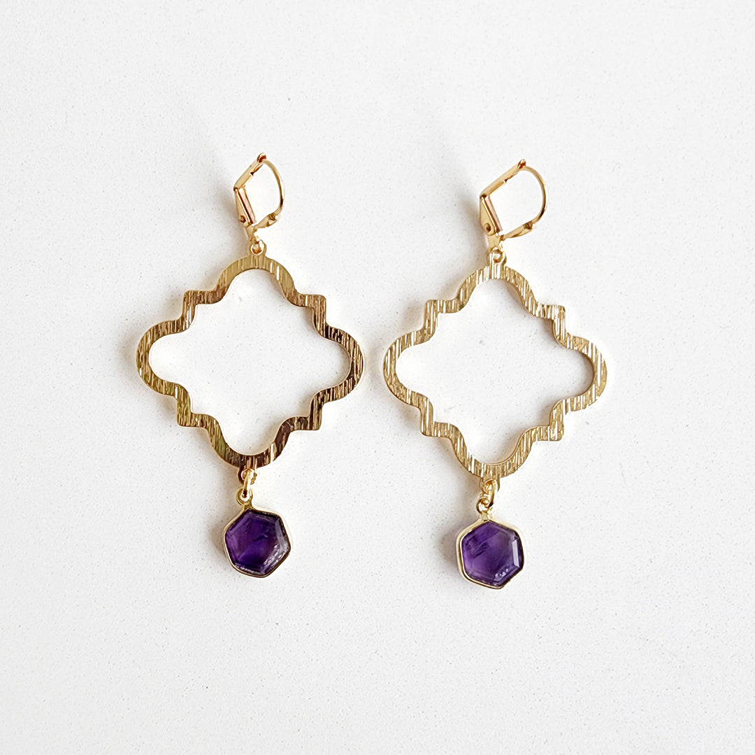 Quatrefoil Statement Earrings with Hexagon Stone in Brushed Gold