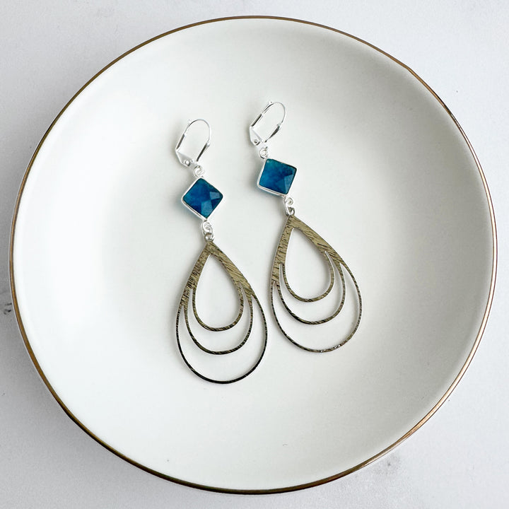 Blue Chalcedony and Multiple Teardrop Statement Earrings in Brushed Silver