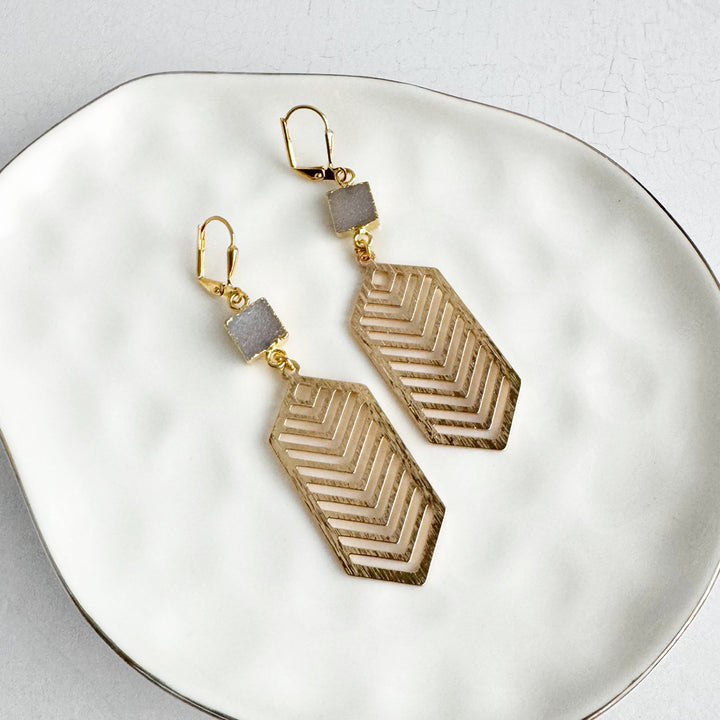 Natural Druzy Chevron Dangle Earrings in Brushed Gold