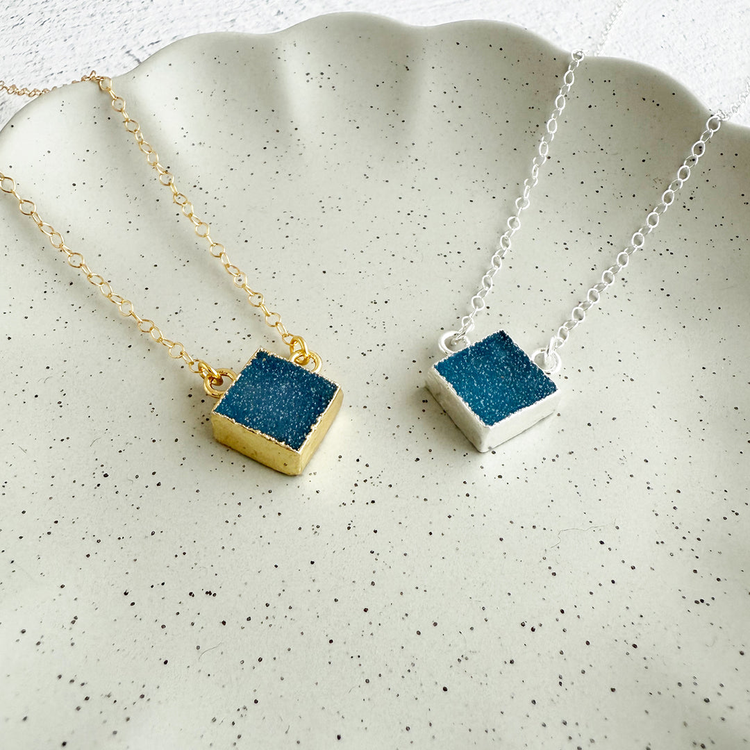 Blue Druzy Diamond Shape Pendant Necklace