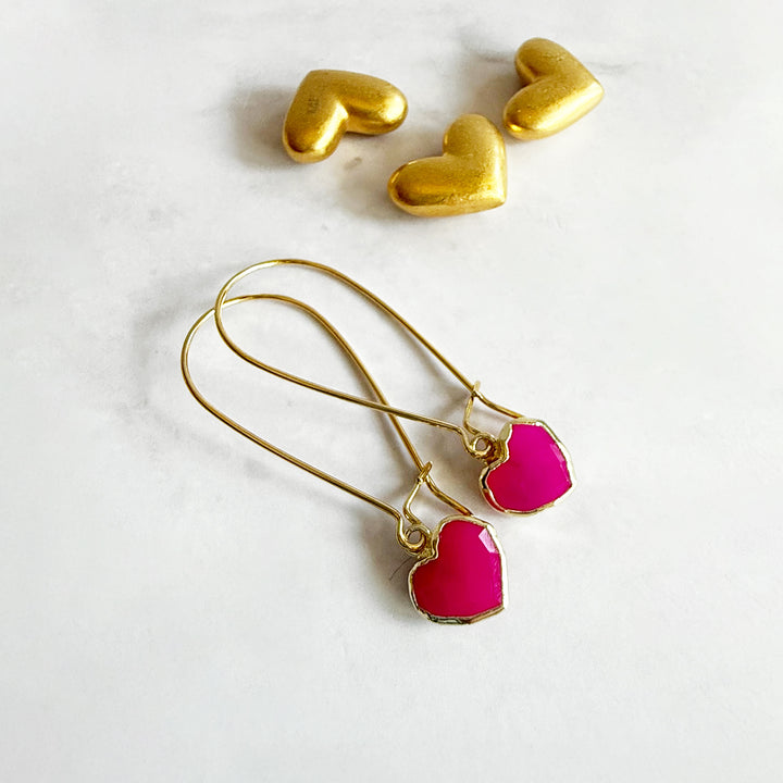 Simple Fuchsia Chalcedony Heart Drop Earrings in Gold