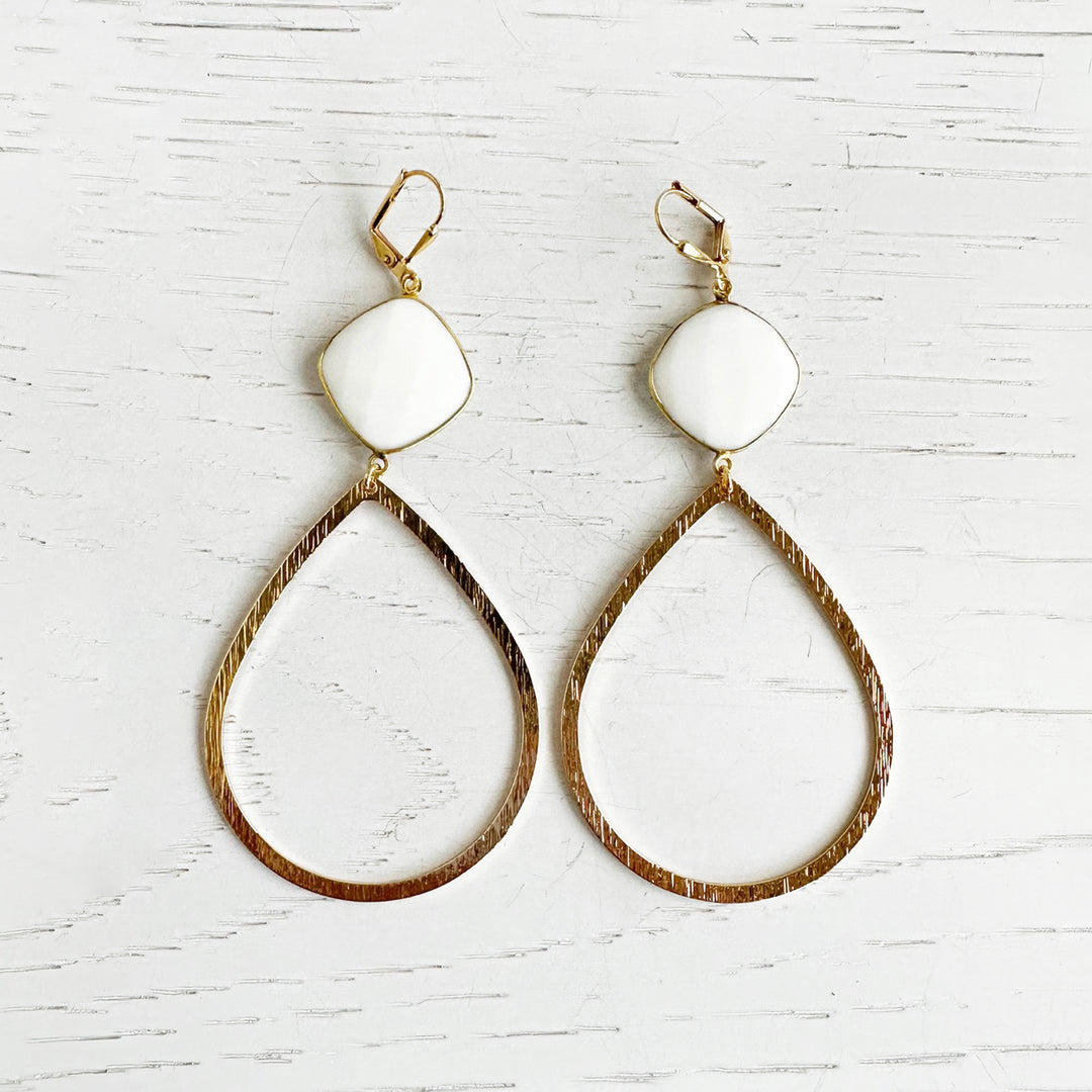 Large Teardrop and White Agate Dangle Earrings in Brushed Gold