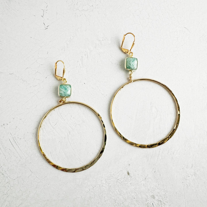 Large Hoop Earrings with Amazonite in Brushed Gold