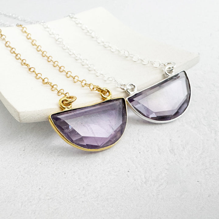 Amethyst Half Moon Crescent Necklace in Gold and Silver