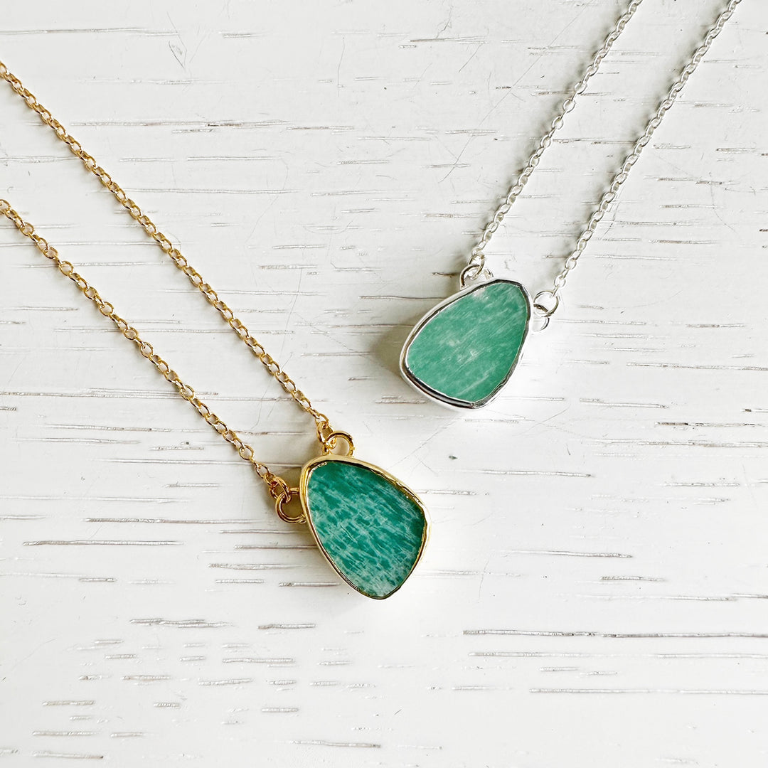 Amazonite Stone Asymmetrical Teardrop Slice Necklace in Silver or Gold