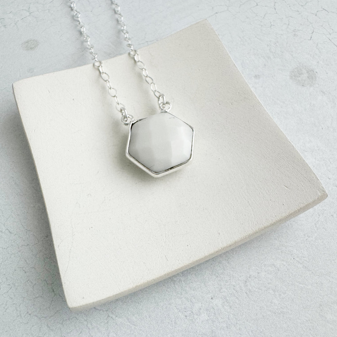 White Agate Hexagon Bezel Necklace in Gold and Silver