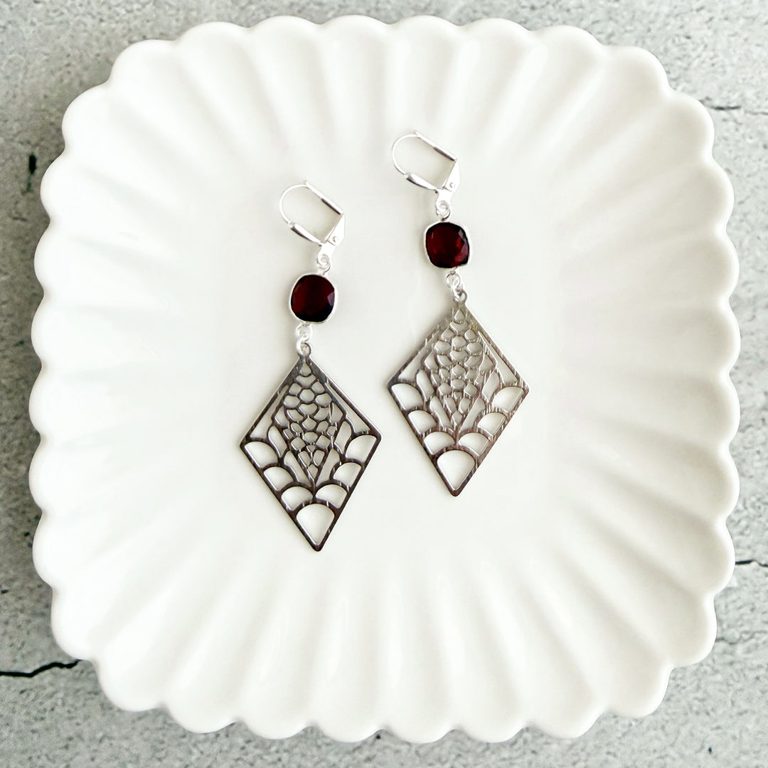 Garnet and Webbed Diamond Dangle Earrings