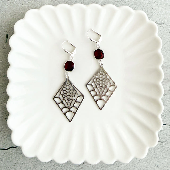 Garnet and Webbed Diamond Dangle Earrings