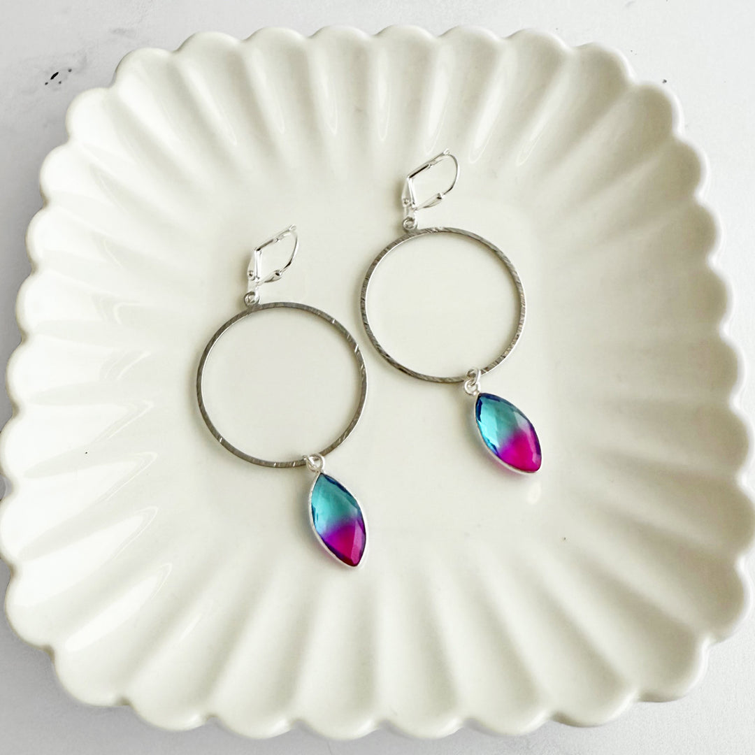 Blue Purple Aura Quartz Hoop Dangle Earrings in Silver