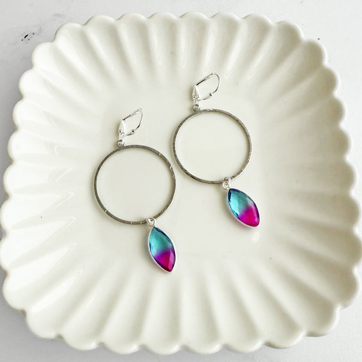 Blue Purple Aura Quartz Hoop Dangle Earrings in Silver