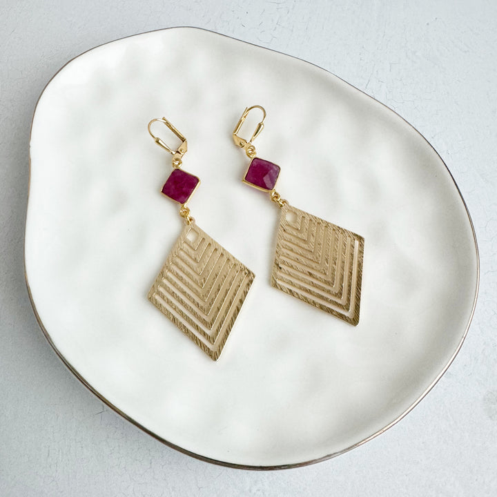 Ruby and Brushed Gold Patterned Diamond Statement Earrings in Gold