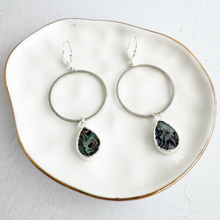 Abalone Teardrop Hoop Dangle Earrings in Brushed Silver