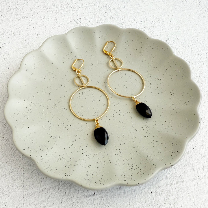 Black Stone Geometric Hoop Dangle Earrings in Gold