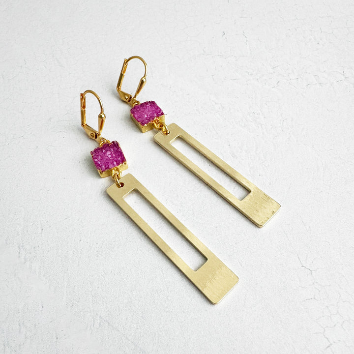 Pink Druzy Rectangle Dangle Earrings in Brushed Gold