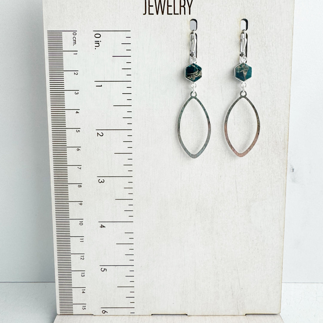 Small Brushed Marquise and Teal Mojave Hexagon Stone Dangle Earrings in Gold and Silver