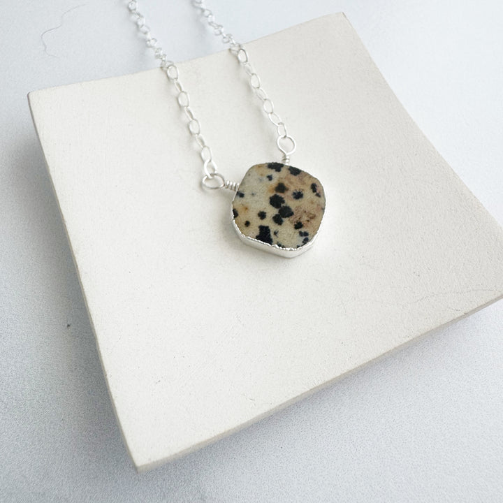 Dalmation Jasper Gemstone Slice Pendant Necklace in Silver. Layering Stone Necklace. Holiday Gift