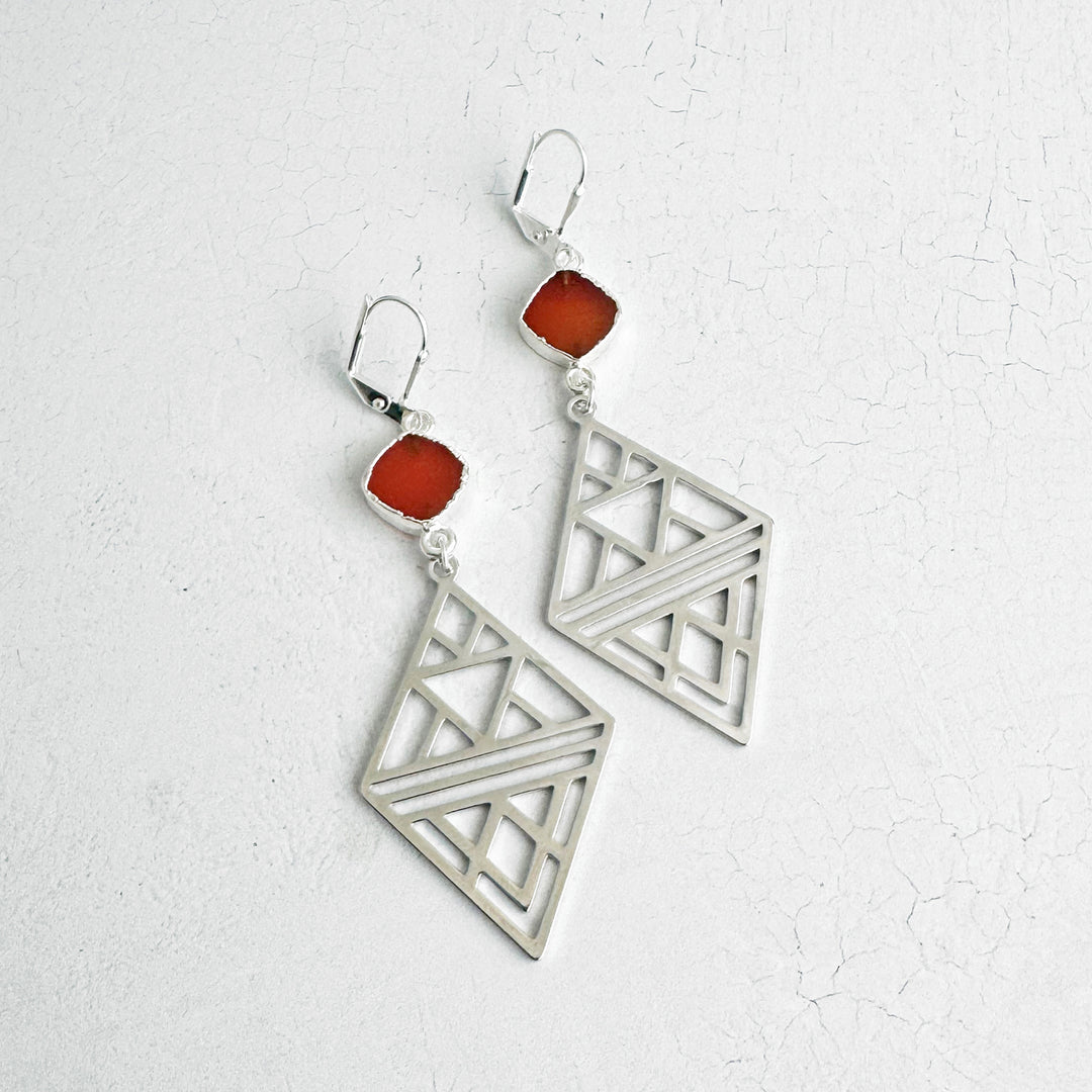 Carnelian and Geometric Diamond Statement Earrings in Silver