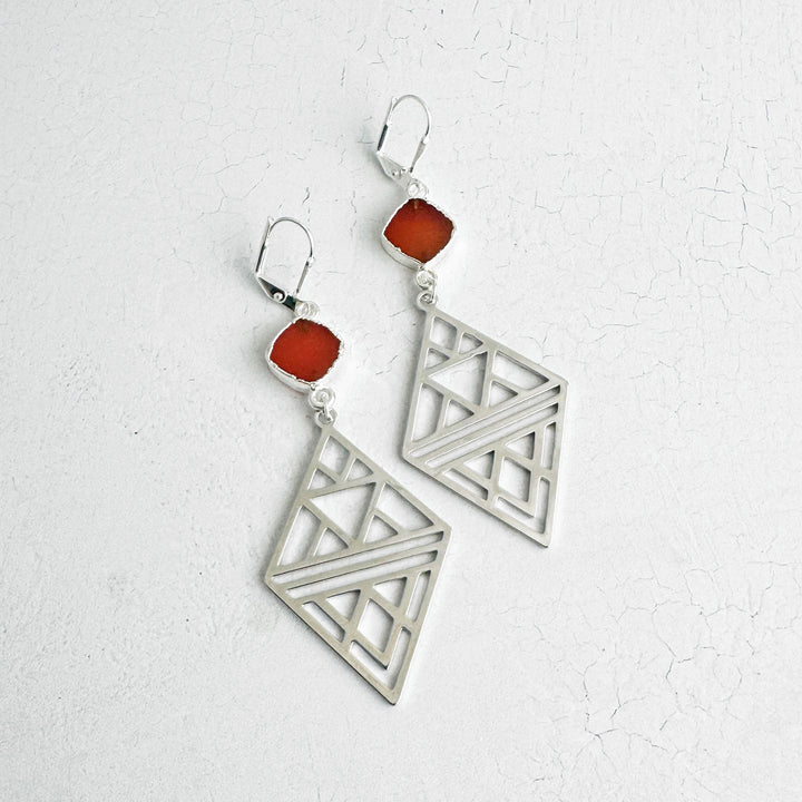 Carnelian and Geometric Diamond Statement Earrings in Silver