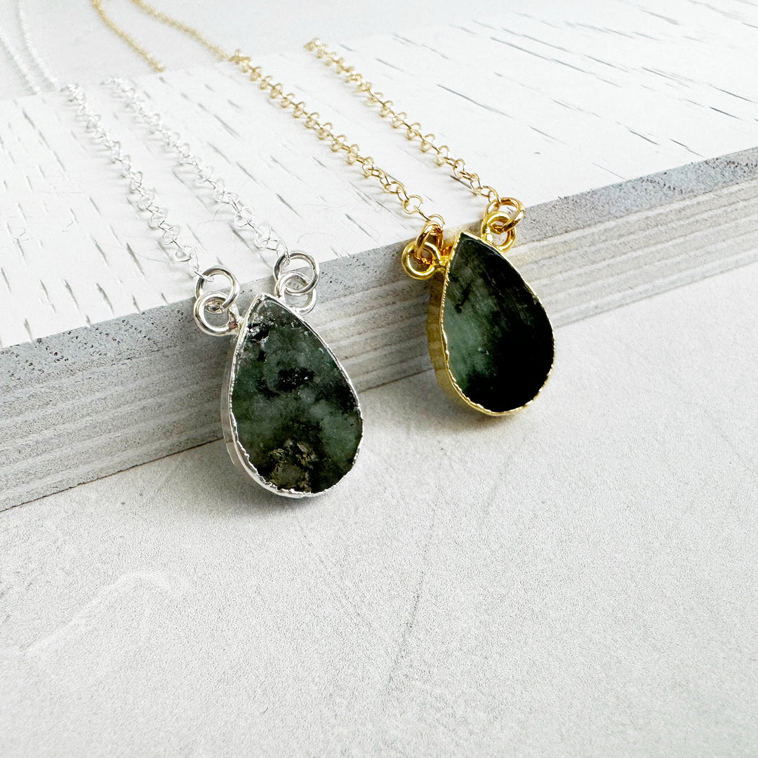 Raw Emerald Teardrop Necklace in 14k Gold Filled and Sterling Silver