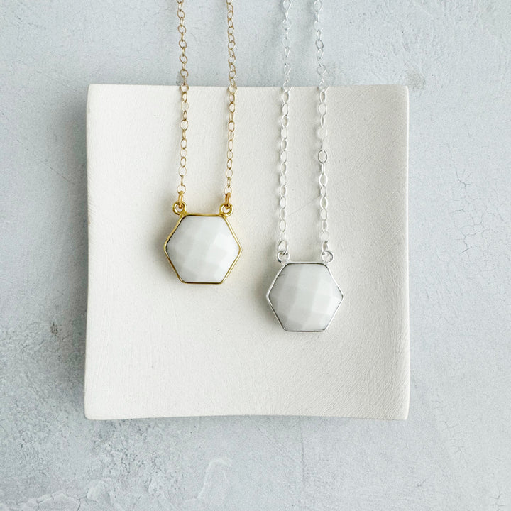 White Agate Hexagon Bezel Necklace in Gold and Silver